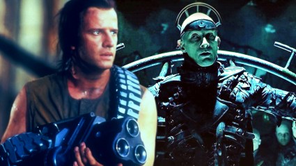 A split image with still from Fortress (1992) and Dark City (1998)