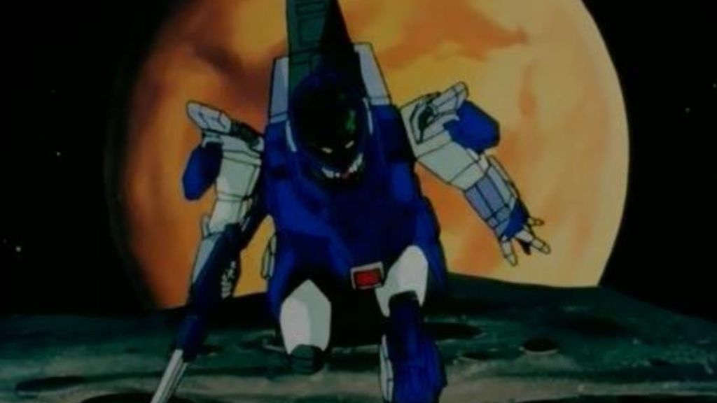 Aoki Ryuusei SPT Layzner mecha against a giant moon backdrop