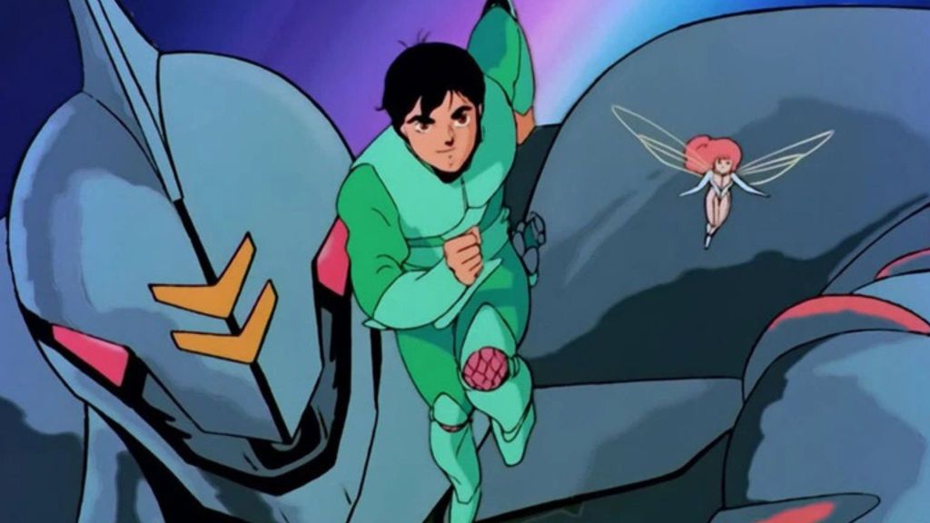 Aura Battler Dunbine main character standing in front of a mecha