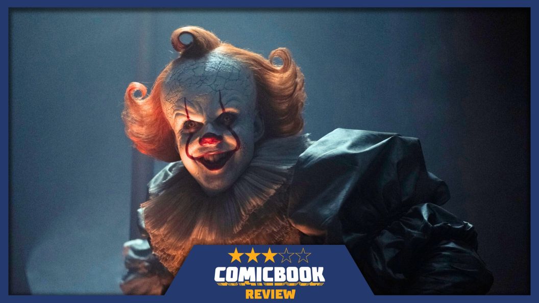 Bill Skarsgård as Pennywise the Dancing Clown in cover for ComicBook review of IT Welcome to Derry