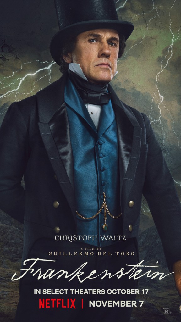 Christoph Waltz in the poster for Guillermo del Toro's Frankenstein