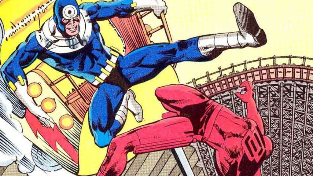 Bullseyes kicking Daredevil in yellow background setting