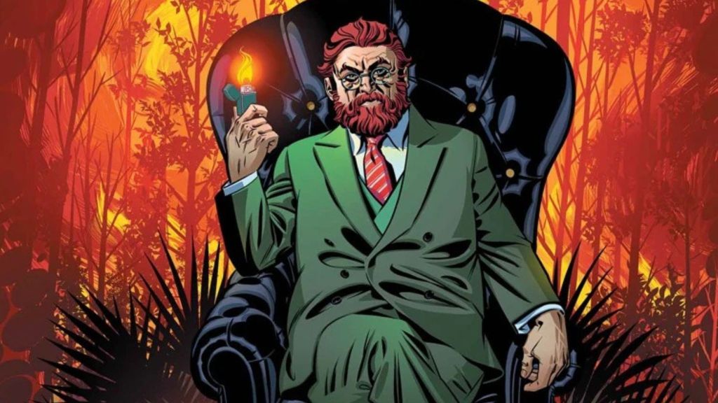 Doctor Faustus sitting in the chair with red background