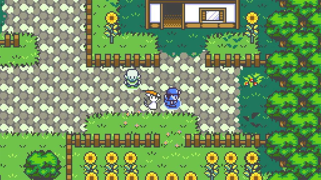 Gameplay of Doki Monster Quest, showing a small village with sunflowers and three characters.