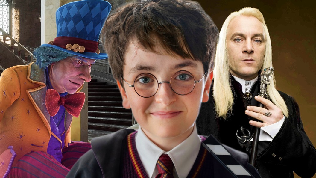 Dominic McLaughlin as Harry Potter, with Peeves in Hogwarts Legacy and Jason Isaacs as Lucius Malfoy