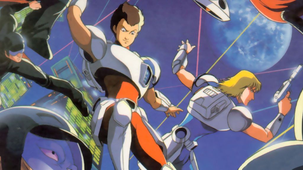 Future Police Urashiman main cast fighting enemies with his hand raised up