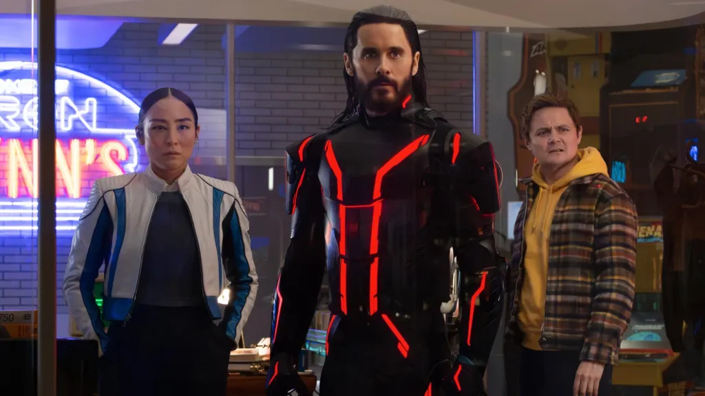 Greta Lee, Jared Leto, and Arturo Castro in Tron Ares