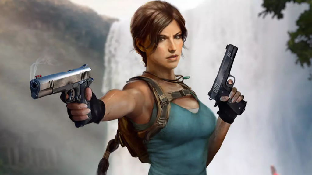 Lara Croft pointing one of her pistols in Tomb Raider