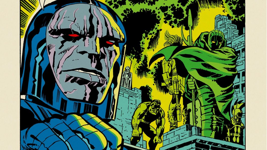 Darkseid on Apokolips, with soldiers behind him