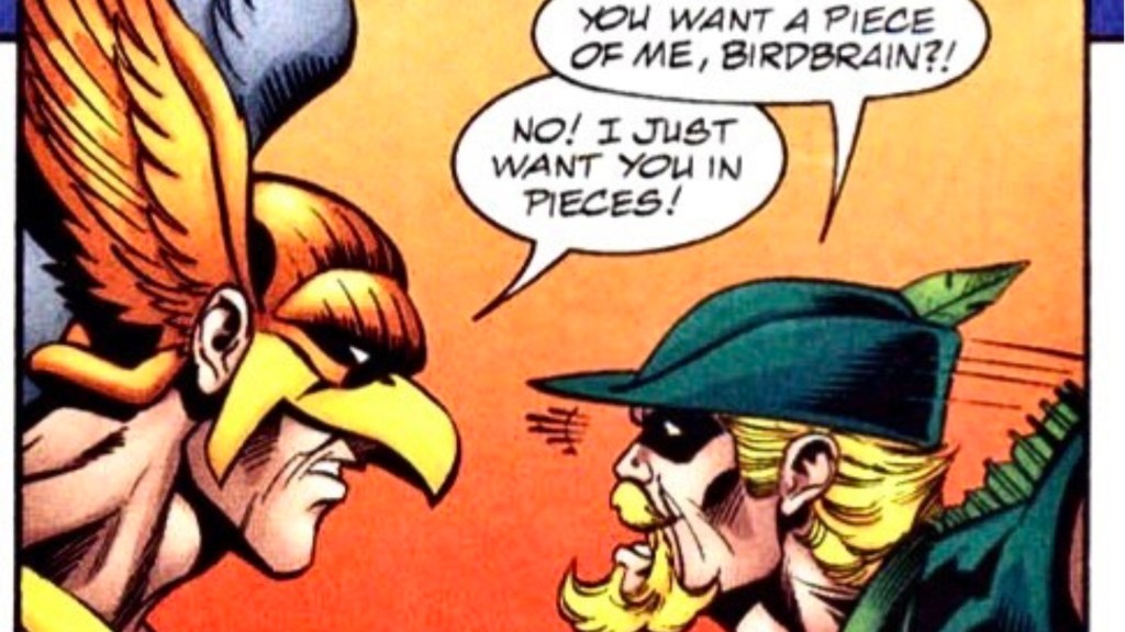 Hawkman and Green Arrow talking smack to each other