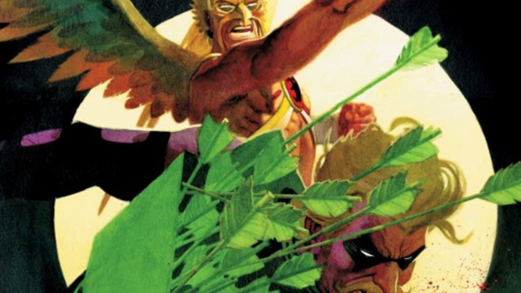 Hawkman punching Green Arrow in the mouth as arros fall out of Green Arrow's quiver