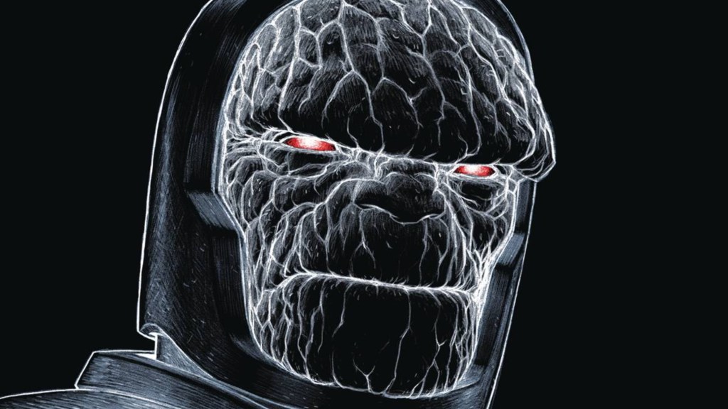 Darkseid in a black and white negative, with burning red eyes
