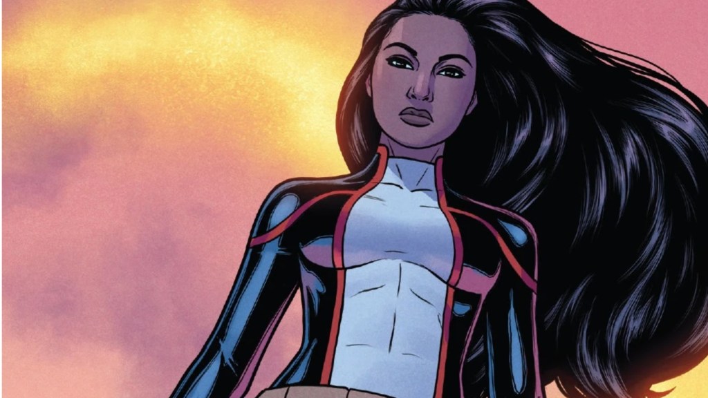 Monet flying in the air, her hair blowing in the wind