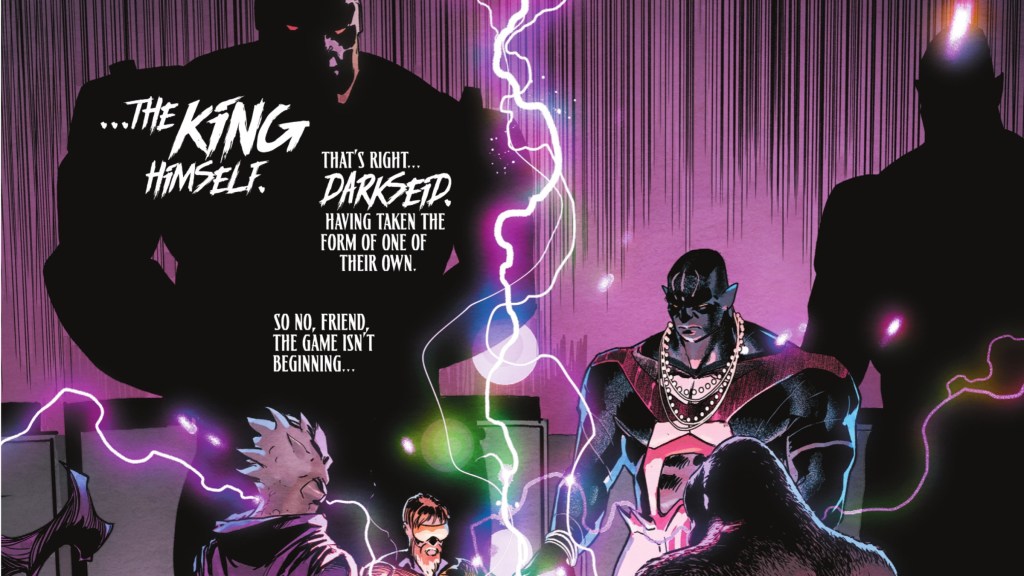 The Time Trapper, Booster Gold, World-Forger, and Gorilla Grodd with the shadow of Darkseid behind them