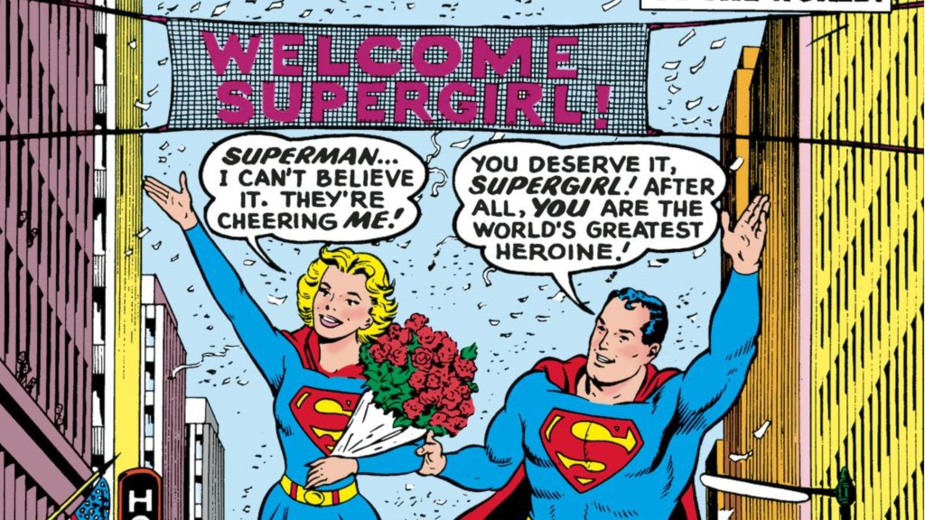 Superman and Supergirl flying as everyone celebrates Supergirl in the Silver Age