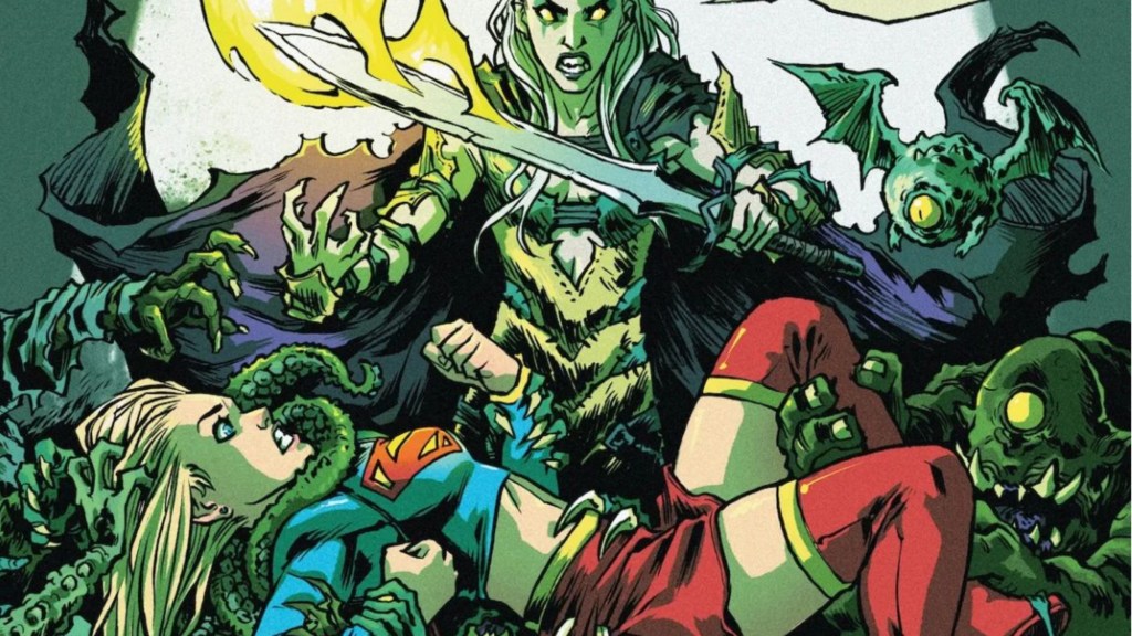 Supergirl being held by demons while Nightflame holding a sword