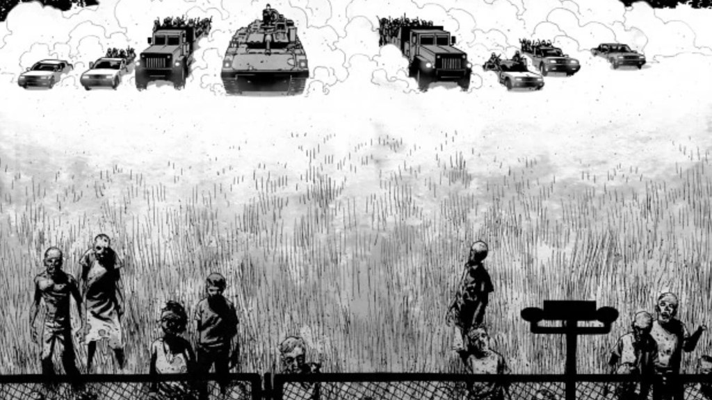 Tanks driving towards the prison with zombies by the fence in The Walking Dead