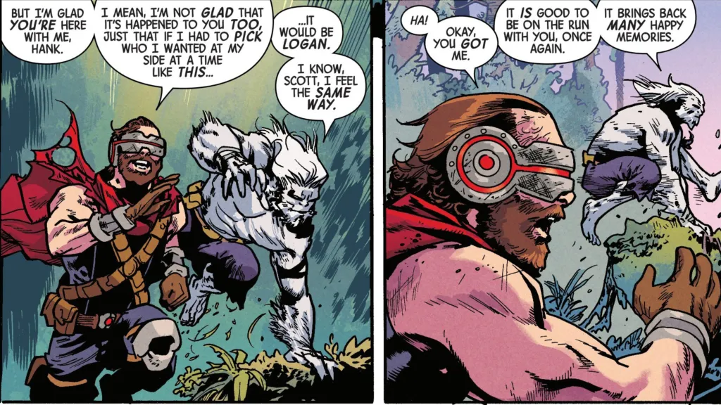 Cyclops and Beast running through a forest talking about Wolverine
