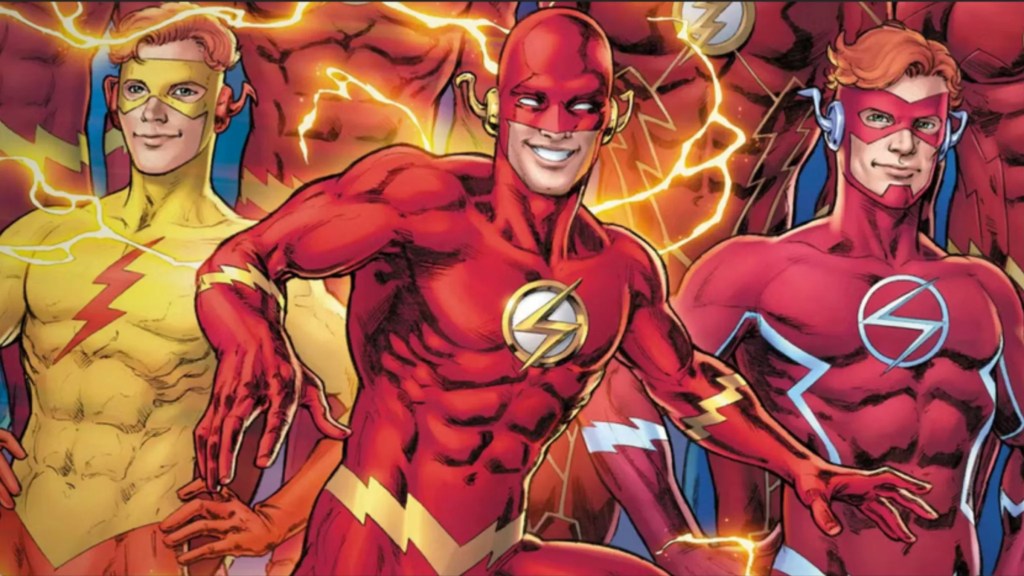 Wally West in his Kid Flash costume, his Flash costume, and the Rebirth Flash costume