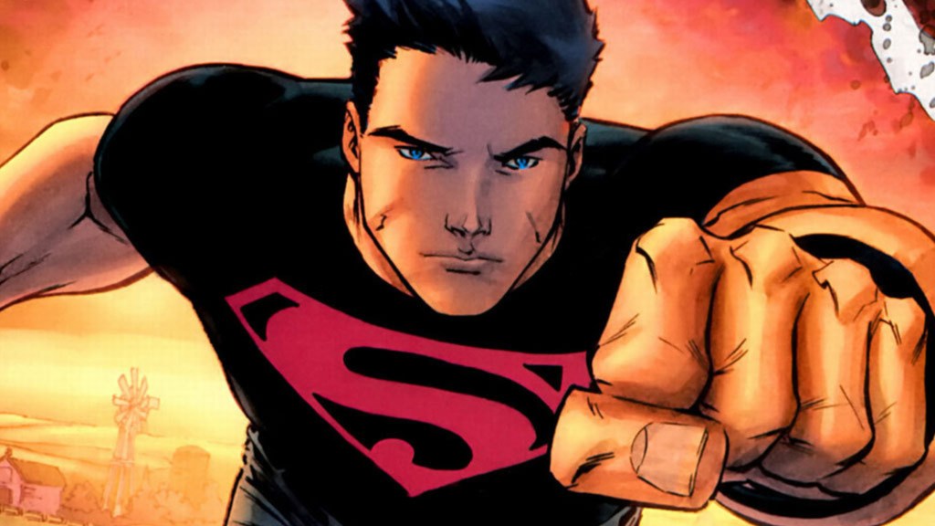 Superboy flying forward with a fist out