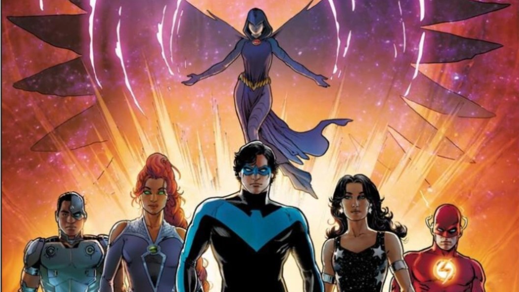 Raven, Cyborg. Starfire, Nightwing, Donna Troy, and the Flash striding forward