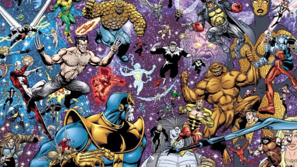 The heroes and cosmic beings of the Marvel Universe attacking Thanos