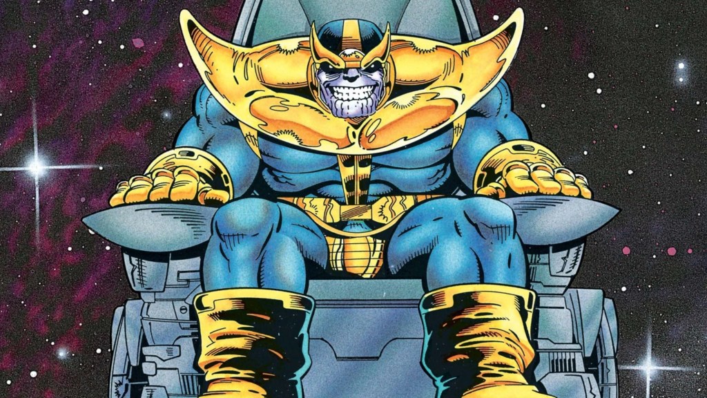 Thanos hunched forward on his Space Throne