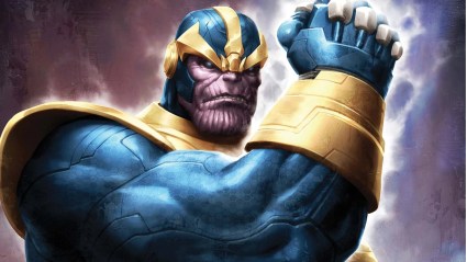 Thanos holding up his arm, wreathed in power