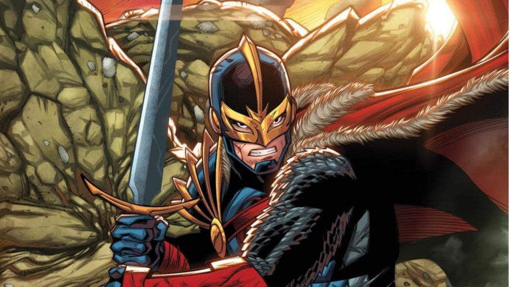 Dane Whiteman as Black Knight, holding the Ebon Blade