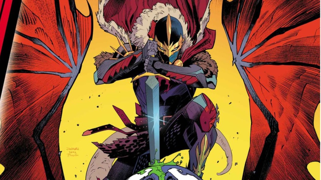 Black Knight crouching with the Ebony Blade, surrounded by the wings of a dragon