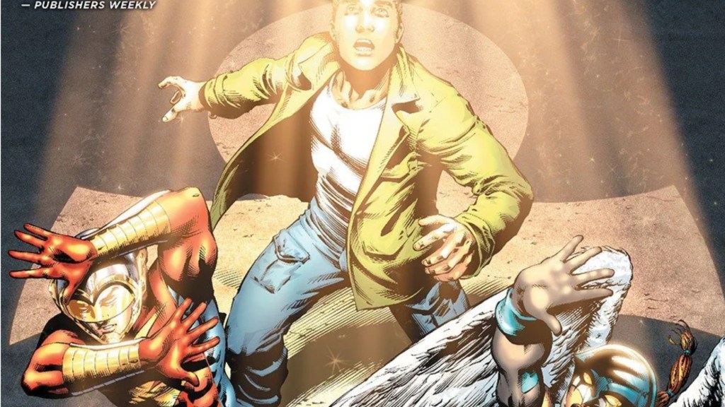 The Flash, Hawkgirl, and Kent Nelson with the ankh of Doctor Fate shining down on them