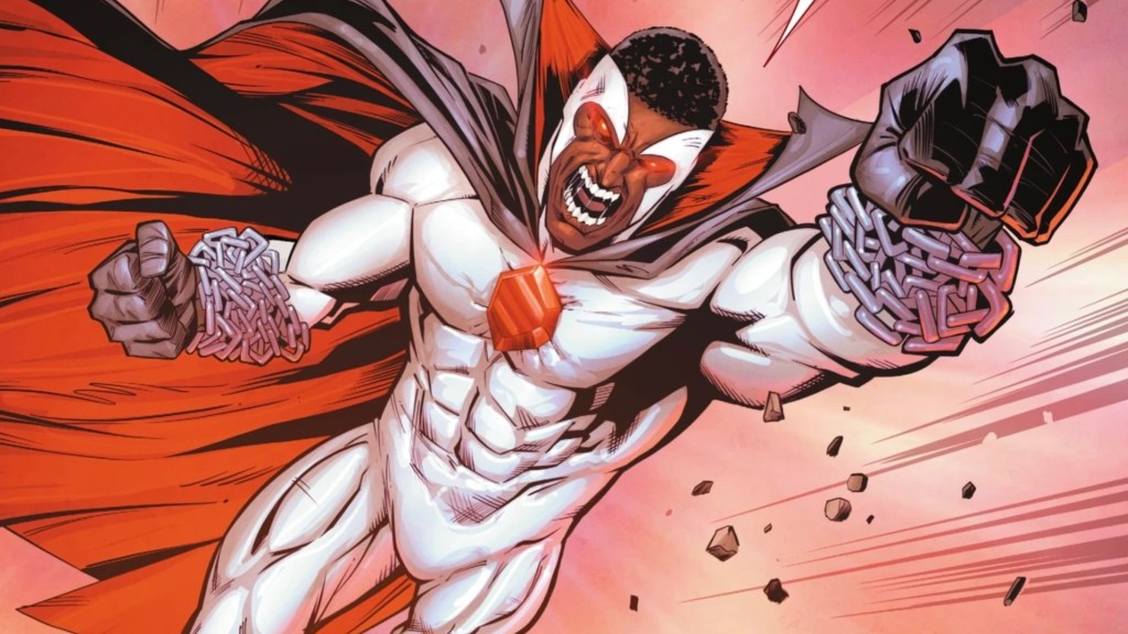 Bloodwynd flying forward with his fist out.