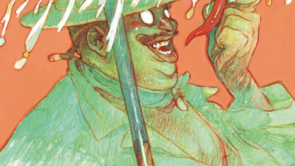 Rubin Bakshi eating a chili while holding an umbrella