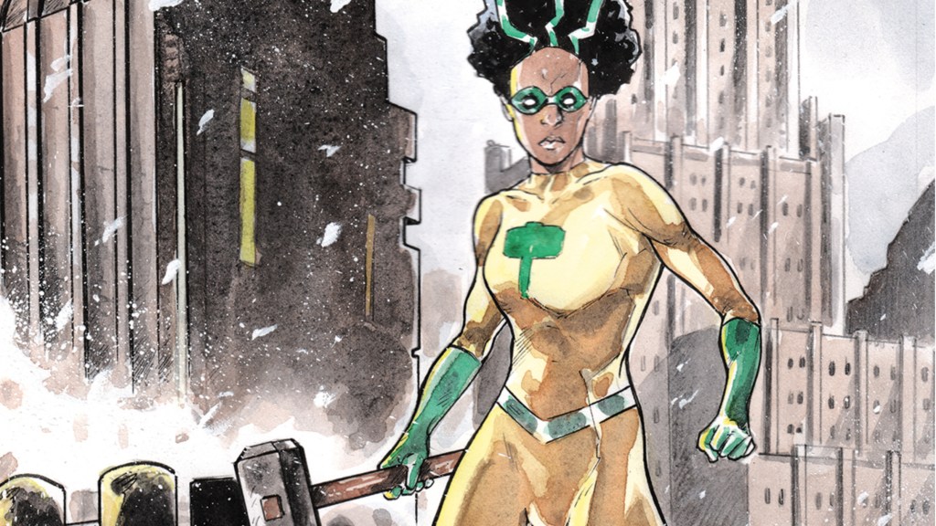 Lucy Weber as Black Hammer standing in front of the city