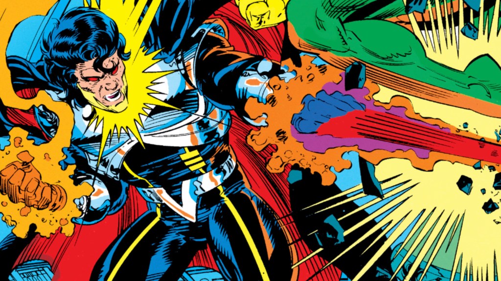 Proctor firing an energy blast while getting hit with Vision's eyebeams