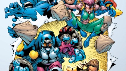 Maggot and Marrow jumping through a hole, with Marrow throwing bone fragments