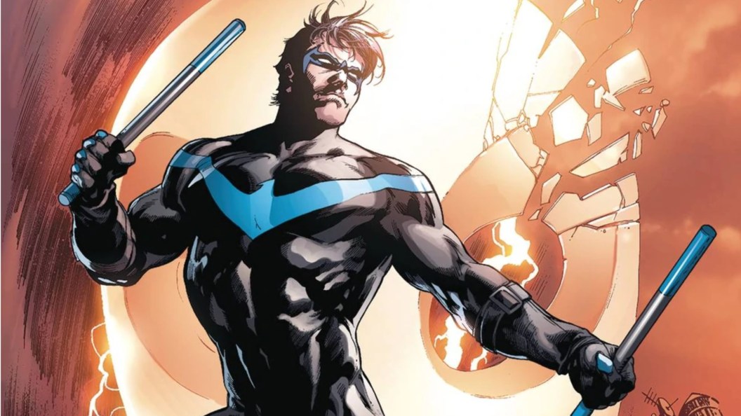 Nightwing holding his escrima sticks ready for battle with a Court of Owls mask breaking behind him