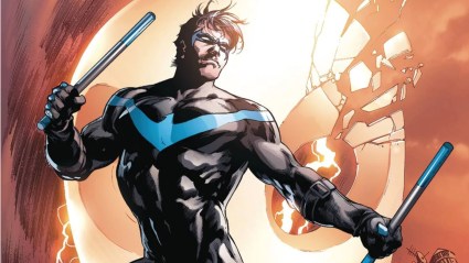 Nightwing holding his escrima sticks ready for battle with a Court of Owls mask breaking behind him