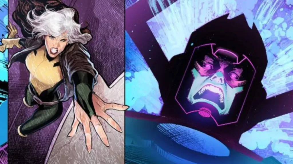 Rogue touching Galactus and the giant yelling