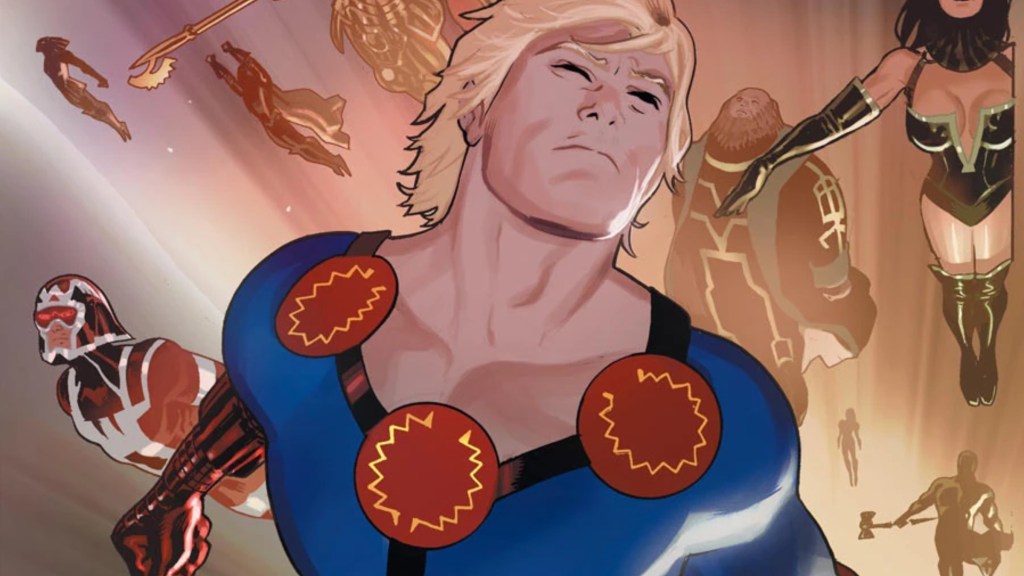 Ikaris with the Eternals flying around behind him