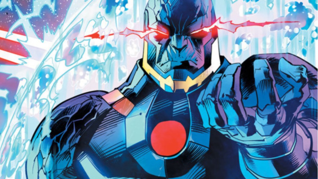 Darkseid, his eyes glowing with energy, surrounded by a powerful energy field