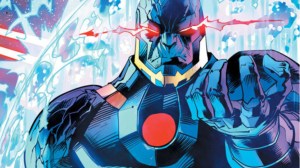 Darkseid, his eyes glowing with energy, surrounded by a powerful energy field