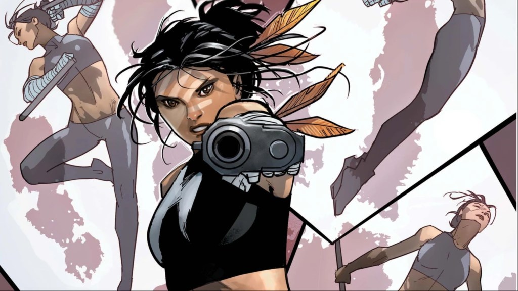 Echo pointing a gun at the viewer, with pictures of herself behind her