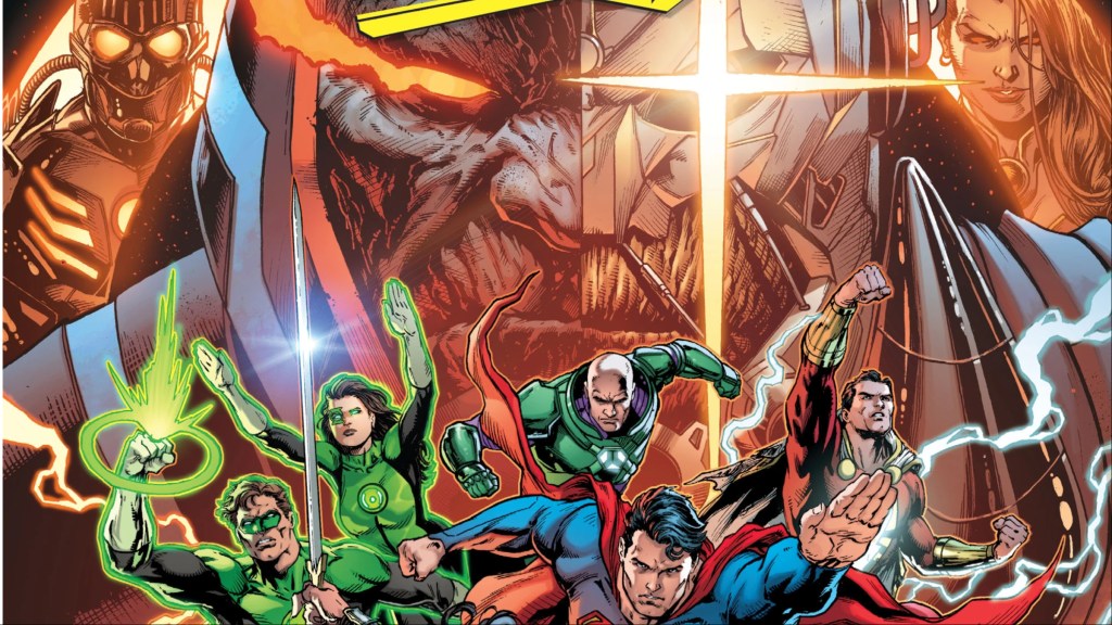 A skeleton robot, a half Darkseid/Anti-Monitor, Grail, Hal Jordan, Jessica Cruz, Lex Luthor, Superman, and Shazam