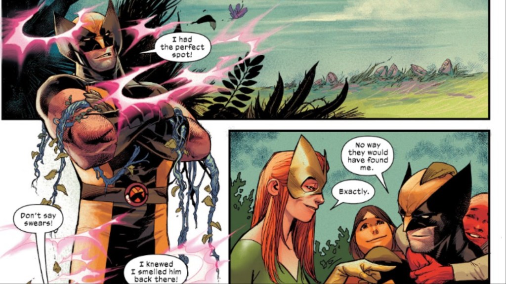 Wolverine playing hide and seek with Jean Grey and several young mutants