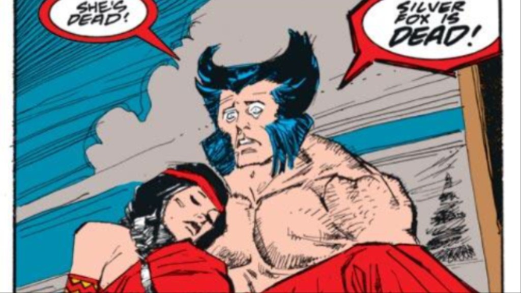 Wolverine holding the dead Silver Fox, yelling about her death