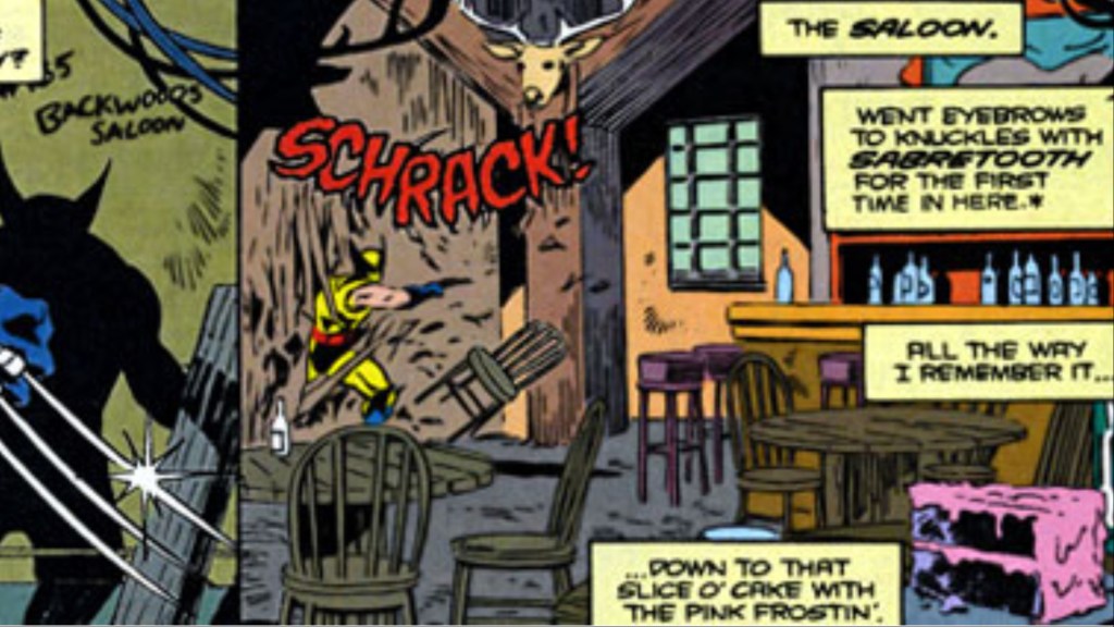 Wolverine cutting his way into a backwoods saloon from Wolverine (Vol. 2) #10