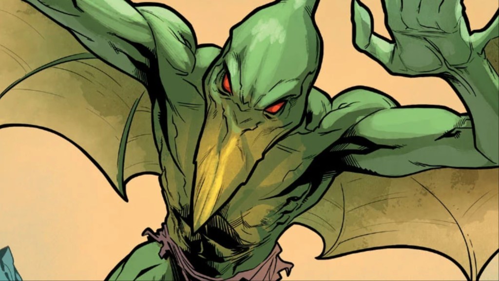 Sauron from the X-Men comics flying through the air