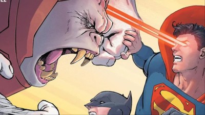 Superman and Batman fighting the Ultra-Humanite while Superman fires his heat vision