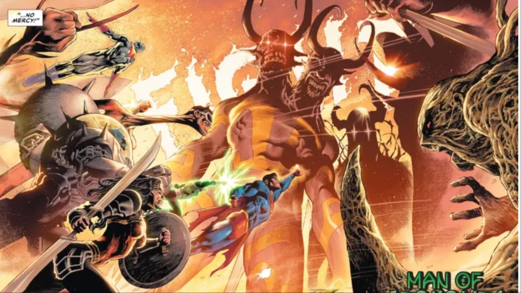 Superman leading Wonder Woman, Captain Atom, Lobo, and Guy Gardner into battle with demons